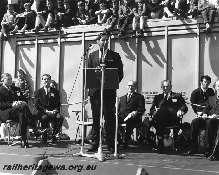 P00157
The federal Minister for Transport Mr I Sinclair speaking at the ceremony for the arrival of the Standard Gauge at Kalgoorlie

