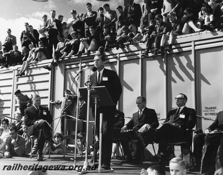 P00158
The Minister for Railways Mr R. O'Connor speaking at the ceremony for the arrival of the Standard Gauge at Kalgoorlie
