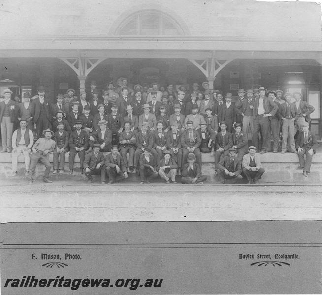 P00231
Station staff posing on the platform of the Coolgardie railway station, EGR line
