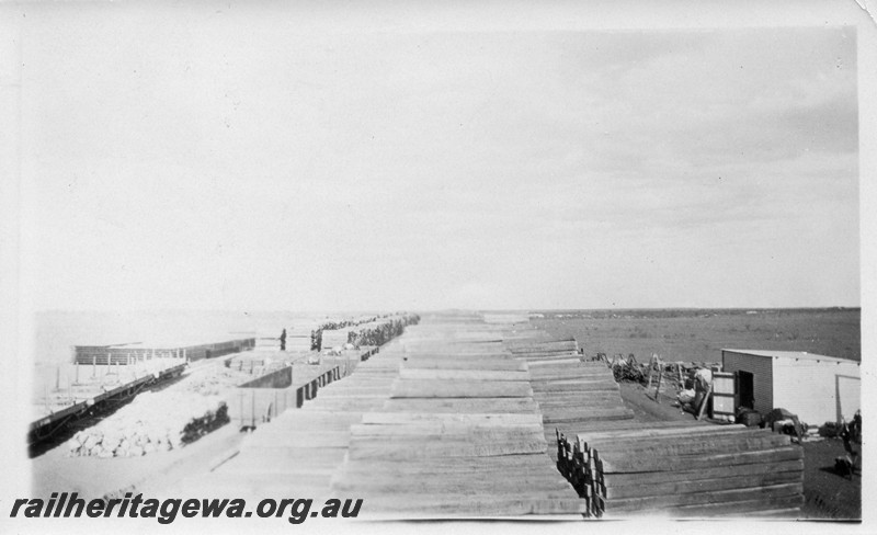 P01060
Stacks of sleepers for the construction of the Meekatharra to Wiluna railway, NR line, view along the stacks.

