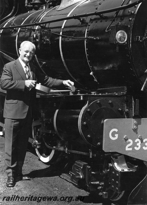 P01545
2 of 3 views of the Commissioner of Railways, Mr R Pascoe posing in front of G class 233, Perth, feigning oiling the loco
