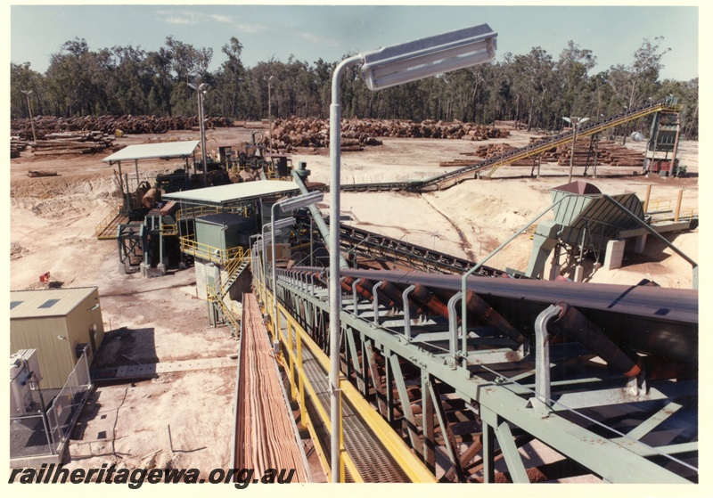 P01626
Loading of woodchips, Lambert, Manjimup, view looking down the conveyor
