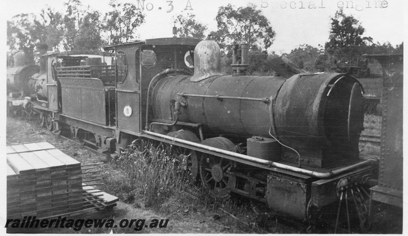 P01630
A class 3, side and front view, derelict, stowed with other locos, c1926
