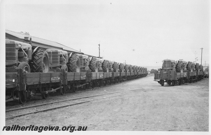 P01788
3 of 3 images of a rake of H class wagons loaded with Chamberlain tractors, end and side views
