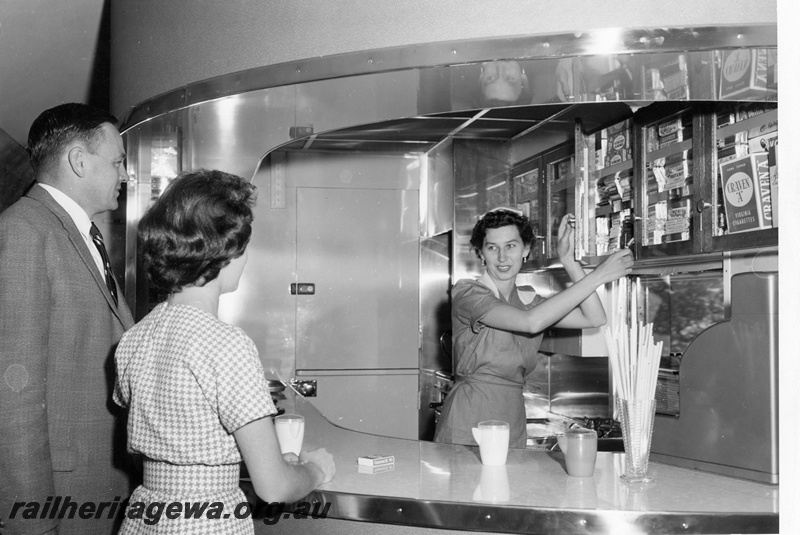 P01926
AYD class Australind Buffet Car. Internal view showing passenger being served at the buffet counter
