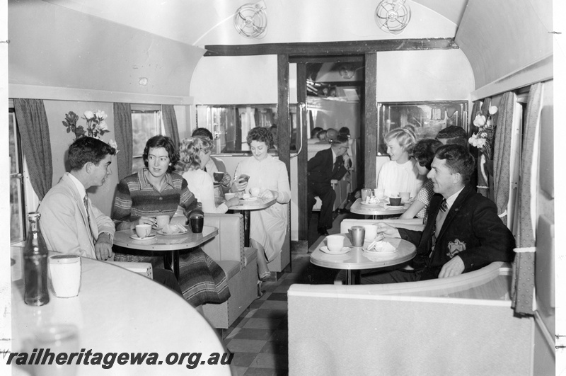 P01935
AYD class buffet car, interior view showing passengers at the tables.
