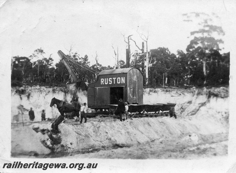 P02010
8 of 14. Ruston steam shovel at work, side and rear view, rake of skips, draught horse, construction of Denmark-Nornalup railway, D line.
