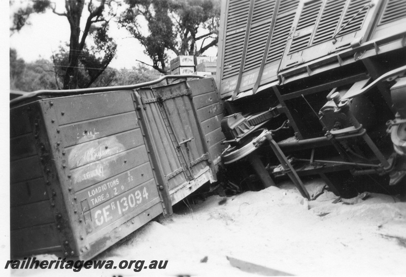 P02028
4 of 4 views of a derailment of No. 22 Fast Goods at the 157-78 mile point on the Donnybrook to Katanning Railway, DK line, between Noggerup and Goonac, GER class 13094 and a VD class bogie van derailed, , date of derailment 26/3/1955
