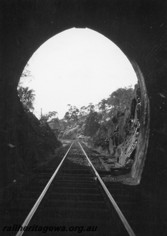 P02049
Tunnel, Swan View, ER line, western portal taken from inside the tunnel looking along the track approaching the tunnel mouth, c1924
