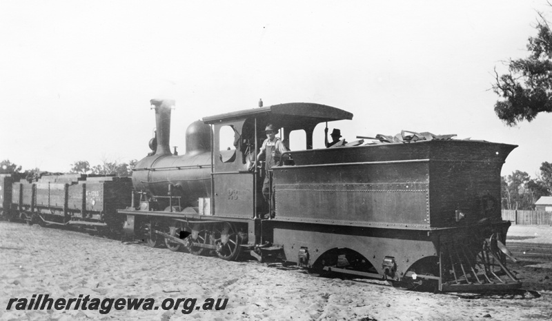 P02053
Bunnings loco M class 23, Lyall's Mill, rear and side view, bar cowcatcher on the rear of the tender, c1927
