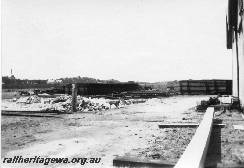 P02147
37 of 44 views of the construction of the railway at Esperance, CE line taken by Cedric Stewart, the resident WAGR engineer, stockpiles of construction materials
