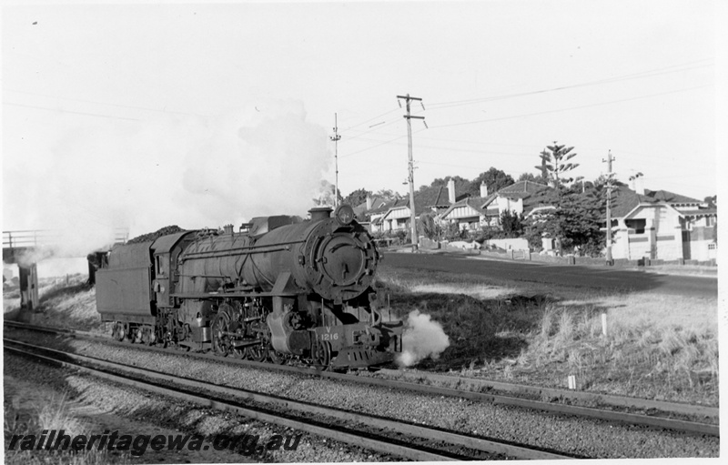 P02234
V class 1216, between Mount Lawley and Maylands, side and front view, light engine
