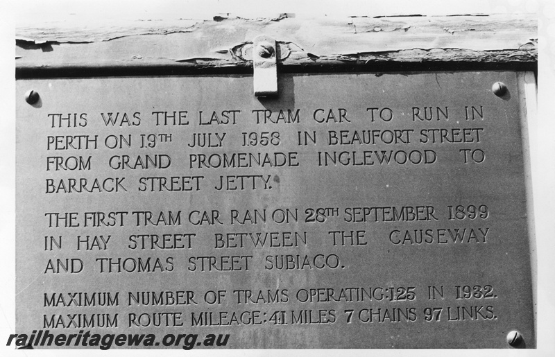 P02326
Tram No.66, plague attached to the side of the tram noting that it was the last tram to run in Perth.
