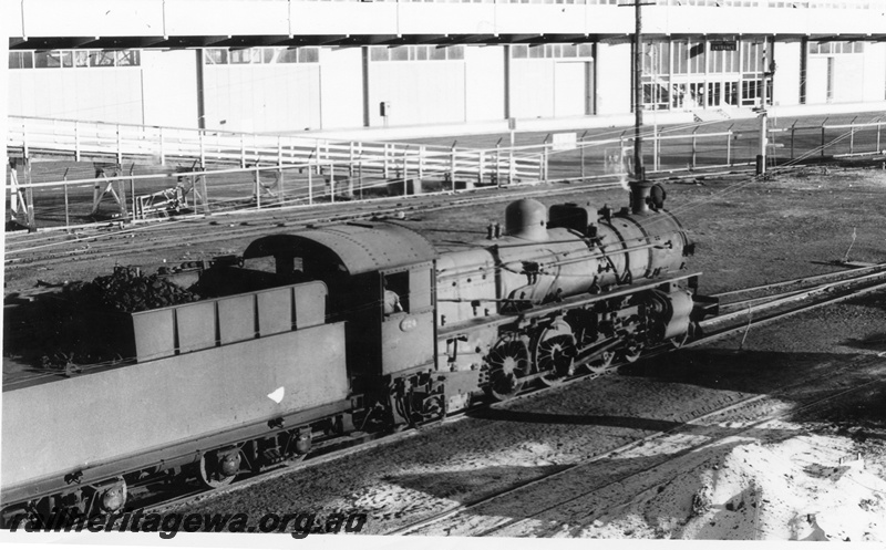 P02533
PMR class 724 steam locomotive, Fremantle passenger terminal in the background, side view, Fremantle yard, ER line. circa late 1960s.
