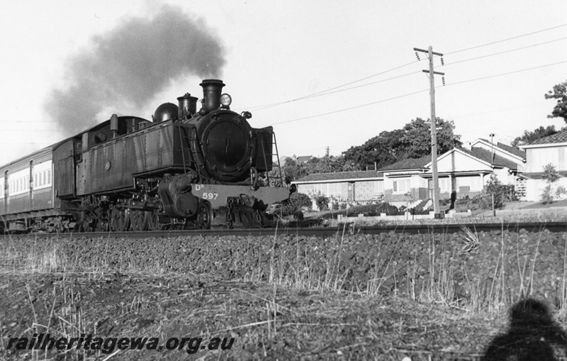 P02638
DD class 597 blowing black smoke, near Mount Lawley, suburban passenger train
