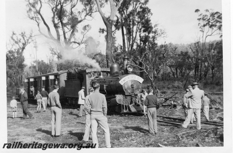 P02853
Millars loco No 61, G class type steam locomotive hauling  AA class 206 first class carriage on ARHS tour to Jarrahdale at a bush camp 1 1/2 miles east of Albany Hwy. 