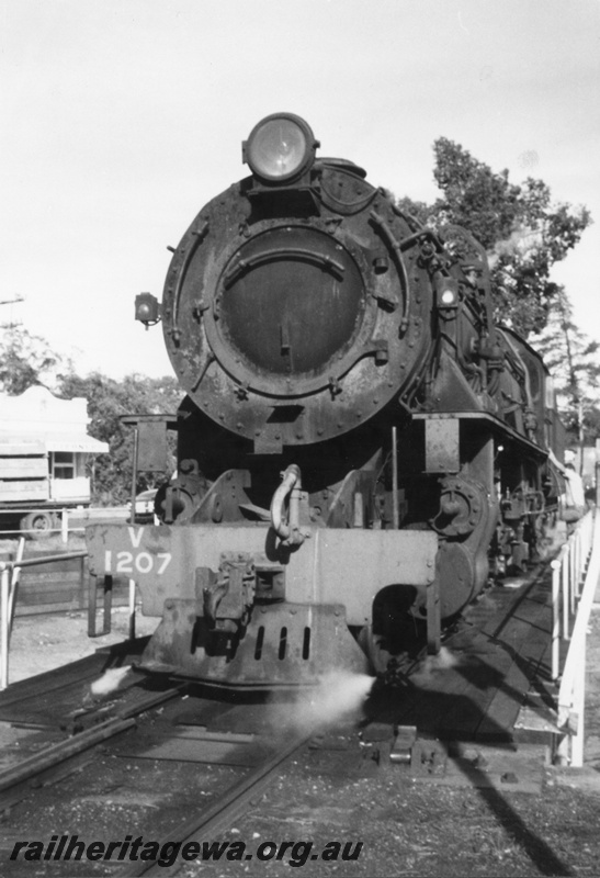P02903
V class 1207 steam locomotive on the turntable, front view, Donnybrook, PP line.
