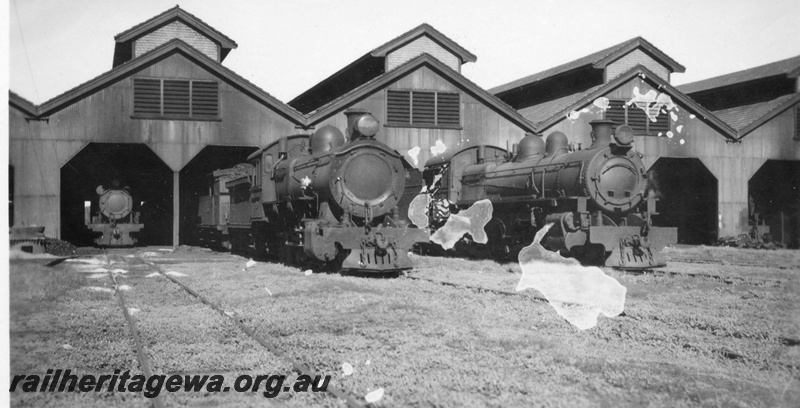 P03027
East Perth running sheds with front and side view of an F class steam locomotive in the centre and a P class steam locomotive on the right hand side, side and front view, c1940s.
