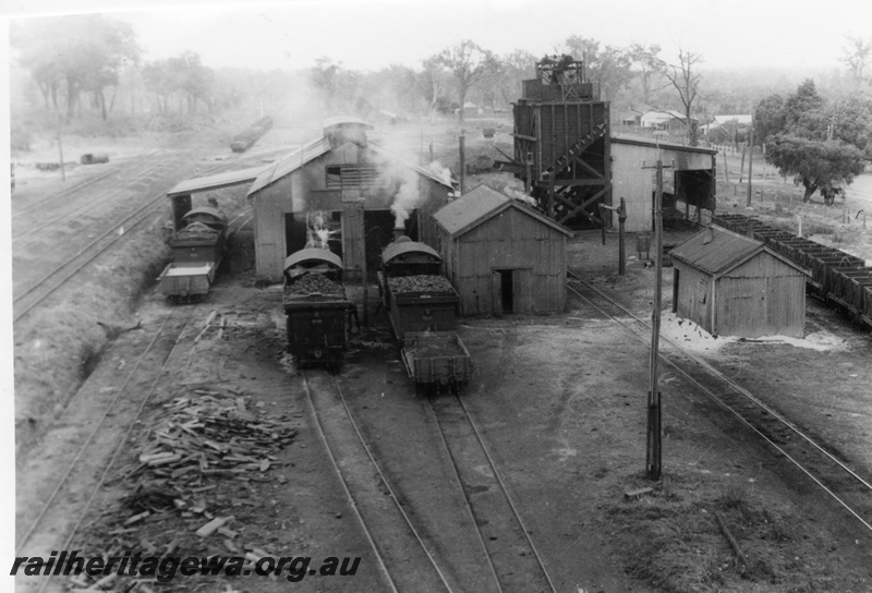 P03184
 F class locos, coal stage, water column, loco sheds, coal wagons, old Collie loco depot from water tower, BN line.
