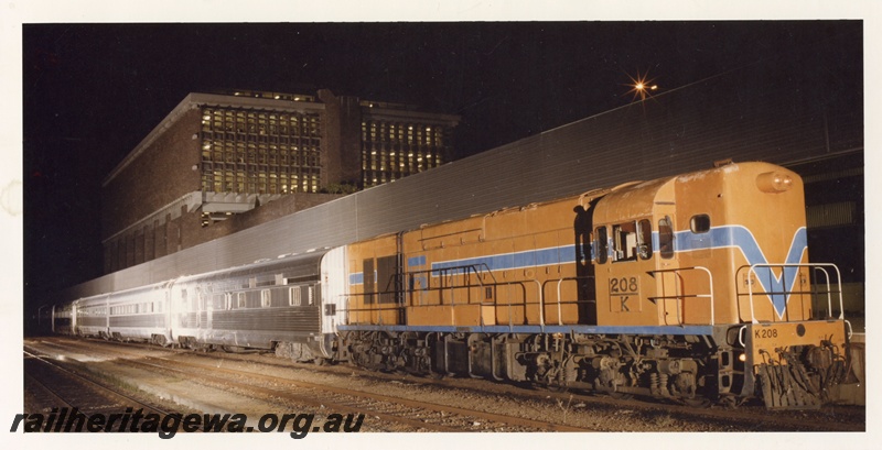 P03348
K class 208 diesel locomotive on the Indian Pacific, side and front view, East Perth terminal, c1980s.
