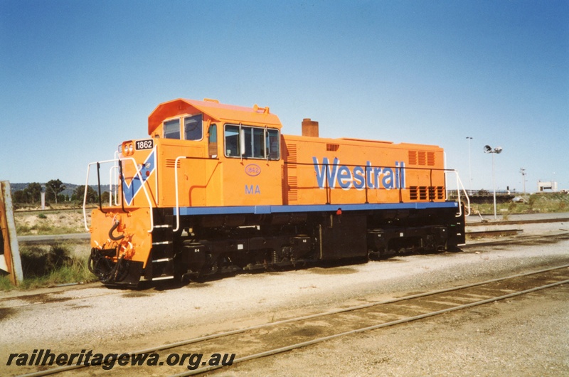 P03350
MA class 1862 diesel locomotive, front and side view in new Westrail livery, c1990s. 

