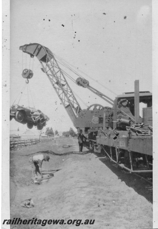 P03363
3 of 3 images of the derailment of the Dort car near York, GSR line (ref: Westland issue 79, August 1991), Dort car being lifted by the 25 ton Cravens breakdown crane

