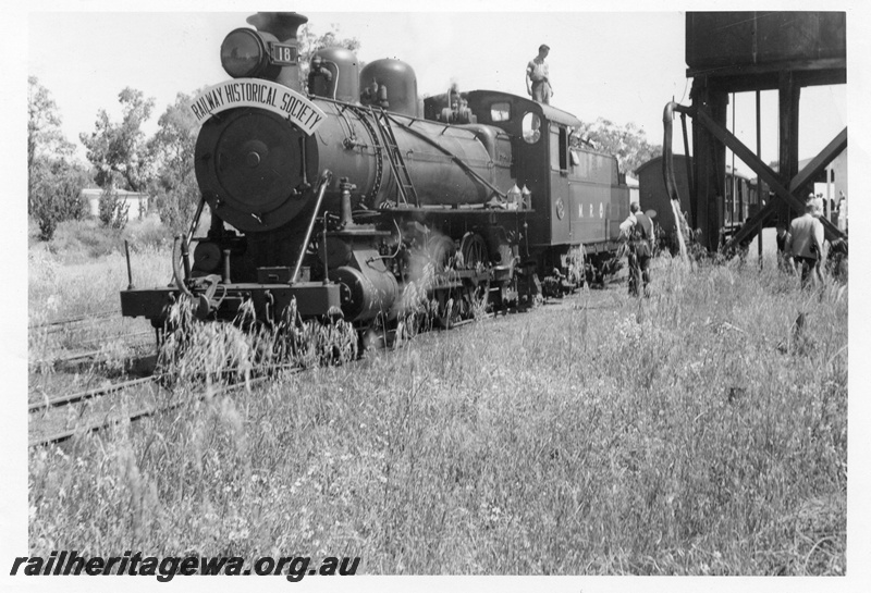 P03435
MRWA C class 18 steam locomotive, front and side view, taking on water, water tower, water column, Gingin, MR line.
