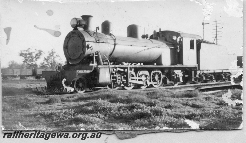 P03513
MRWA A class steam locomotive, front and side view.
