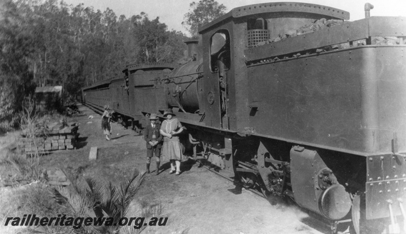 P03571
M class Garratt 2-6-0+ 0-6-2 loco coupled to a N class loco on a passenger train at Mundaring Weir, MW line, hungry board on the bunker on the Garratt, c1930s
