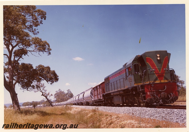 P03746
2 of 4, D class 1564 diesel locomotive hauling XF class alumina hoppers and brakevan, en route to Kwinana, side and front view.
