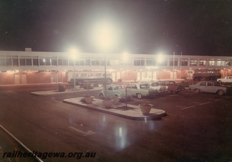 P03800
Station building, Northam, at night, view from car park, buses and cars, EGR line
