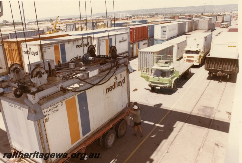 P03834
300 containers, for shipment east, truck unloading, Kewdale Freight Terminal
