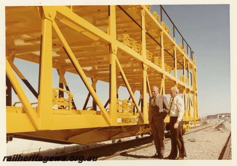 P03901
2 of 5, WMB class 34029 triple deck standard gauge motor vehicle carrying wagon, side view, in as new condition, in yellow livery, Forrestfield.
