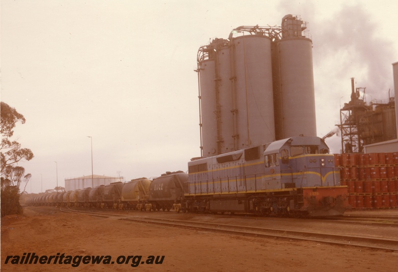 P03910
L class 275 standard gauge diesel locomotive, side and front view, in dark blue livery, loading nickel into WNA class nickel ore wagons, Hampton, standard gauge line.
