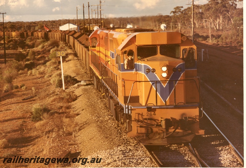P03927
L class 264 standard gauge diesel locomotive, front view, in Westrail orange livery, double heading with L class 262, in International safety orange livery, on iron ore train, WO class iron ore wagons, on route to Kwinana, standard gauge line. 
