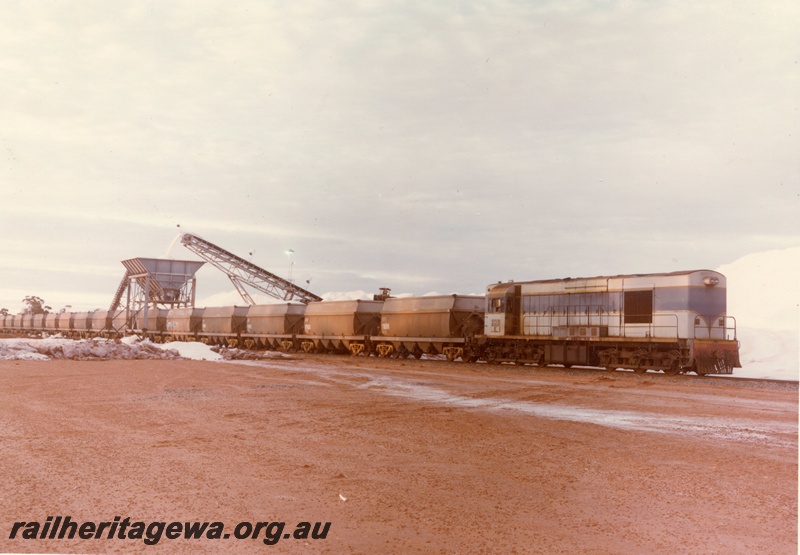 P03938
2 of 2, K class 203 standard gauge diesel locomotive, dark blue livery, hauling a salt train of WL class wagons, loading salt at Lake Lefroy, standard gauge line.
