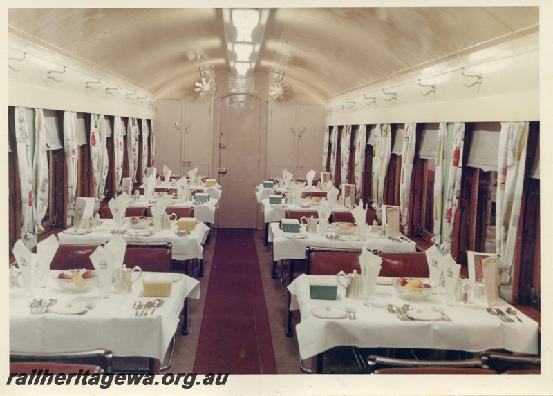 P04049
AV class dining car, interior view, set up for dining, pink and white colour scheme
