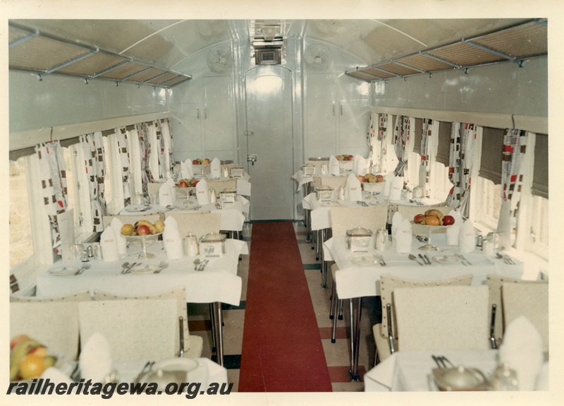 P04050
AV class dining car, interior view, set up for a meal, light green colour scheme
