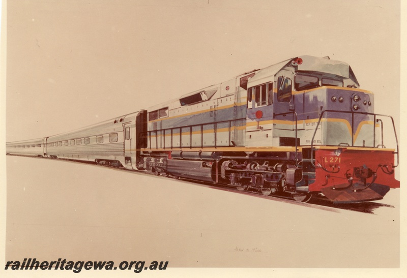 P04171
L class 271 diesel locomotive on the Indian Pacific, in dark blue livery, side and front view.
