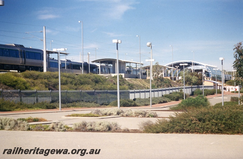 P04258
Currambine Station, view from car park, EMUs in station, Joondalup line, NSR line 
