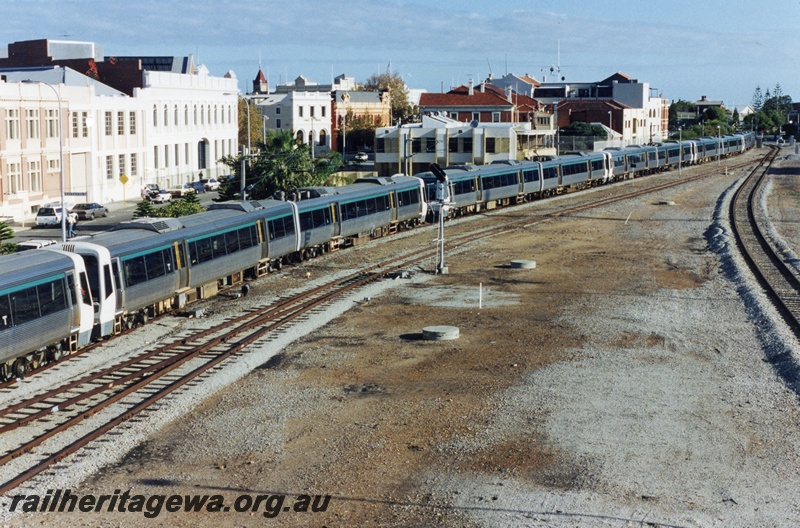 P04262
Six two car EMU A series sets, stabled in station dead end road, Fremantle, ER line, awaiting departure to Subiaco Oval for Perth Glory v Wollongong football final
