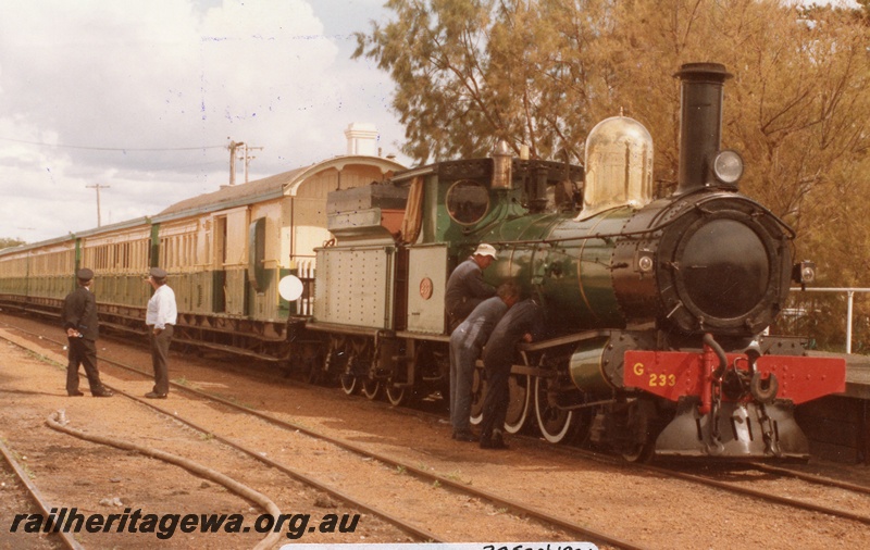 P04291
1 of 2, G class 233 steam locomotive, side and front view, in workshopped condition, on a passenger train, Busselton, BB line.
