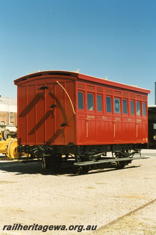 P04295
1 of 2, AI class 258, W.A.'s first passenger carriage restored at Midland workshops, end and side view.
