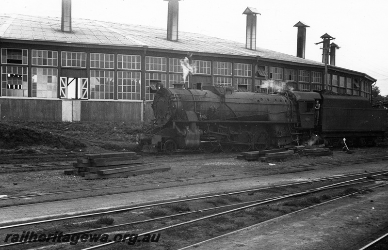 P04361
V class 1201 steam locomotive front and side view, at the rear of the Bunbury roundhouse, SWR line, c1960s.
