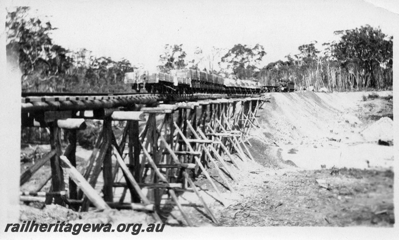 P04383
1 of 5, Trestles used for embankment construction, Denmark-Nornalup railway construction, c1928-29.
