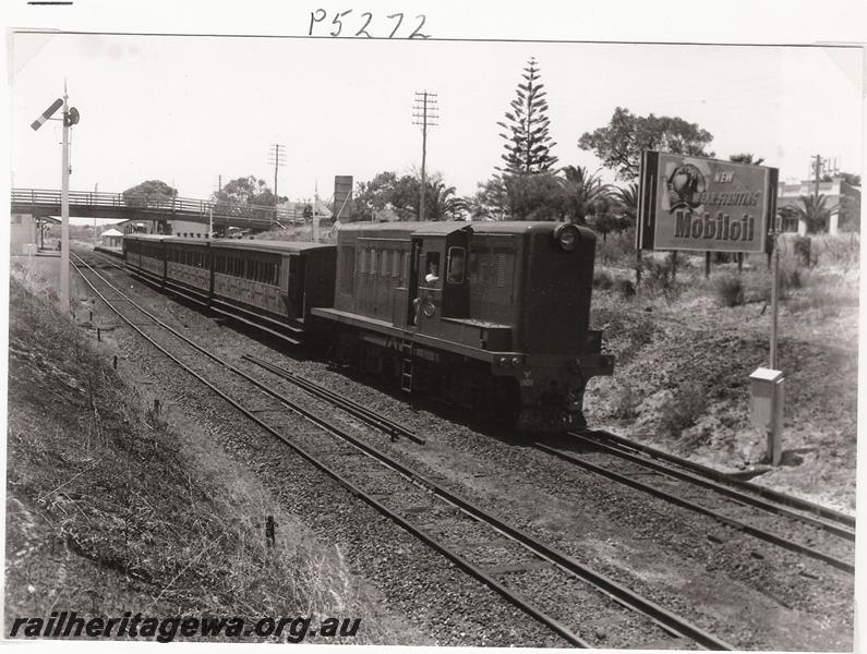 P05272
Y class 1101, suburban  passenger train with AD class carriages at either end, departing  Swanbourne  for Fremantle, ER line, view along the train
