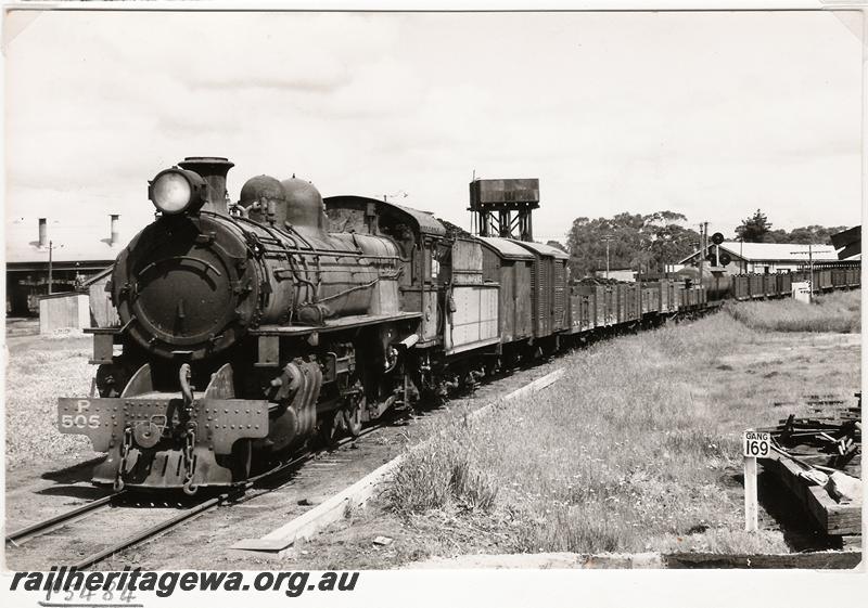 P05484
P class 505, arriving at Narrogin from Collie, GSR line, goods train, water tower, 