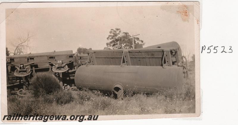 P05523
Derailment at Gillingarra, 76.25 mile, MR line, MRWA G class tank wagon on side
