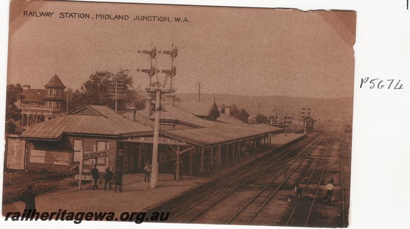 P05674
Station buildings, signal, Midland Junction, view looking east from footbridge, postcard
