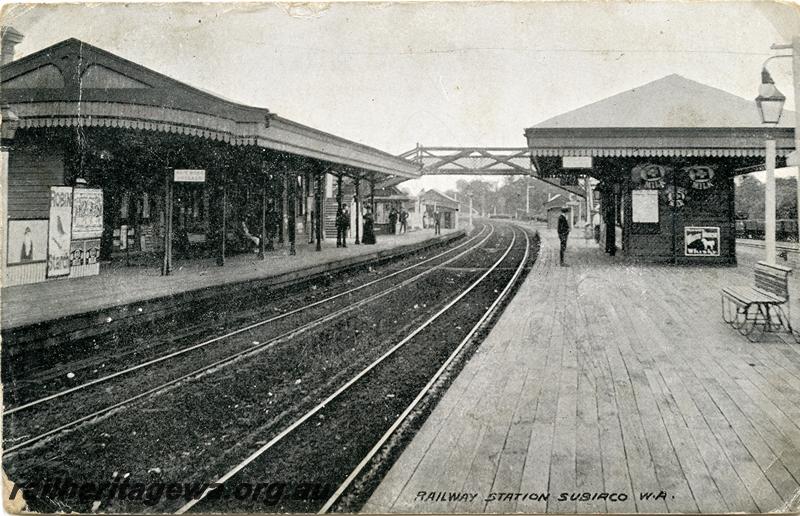 P05785
Station, Subiaco, early view of station with wooden platforms, postcard
